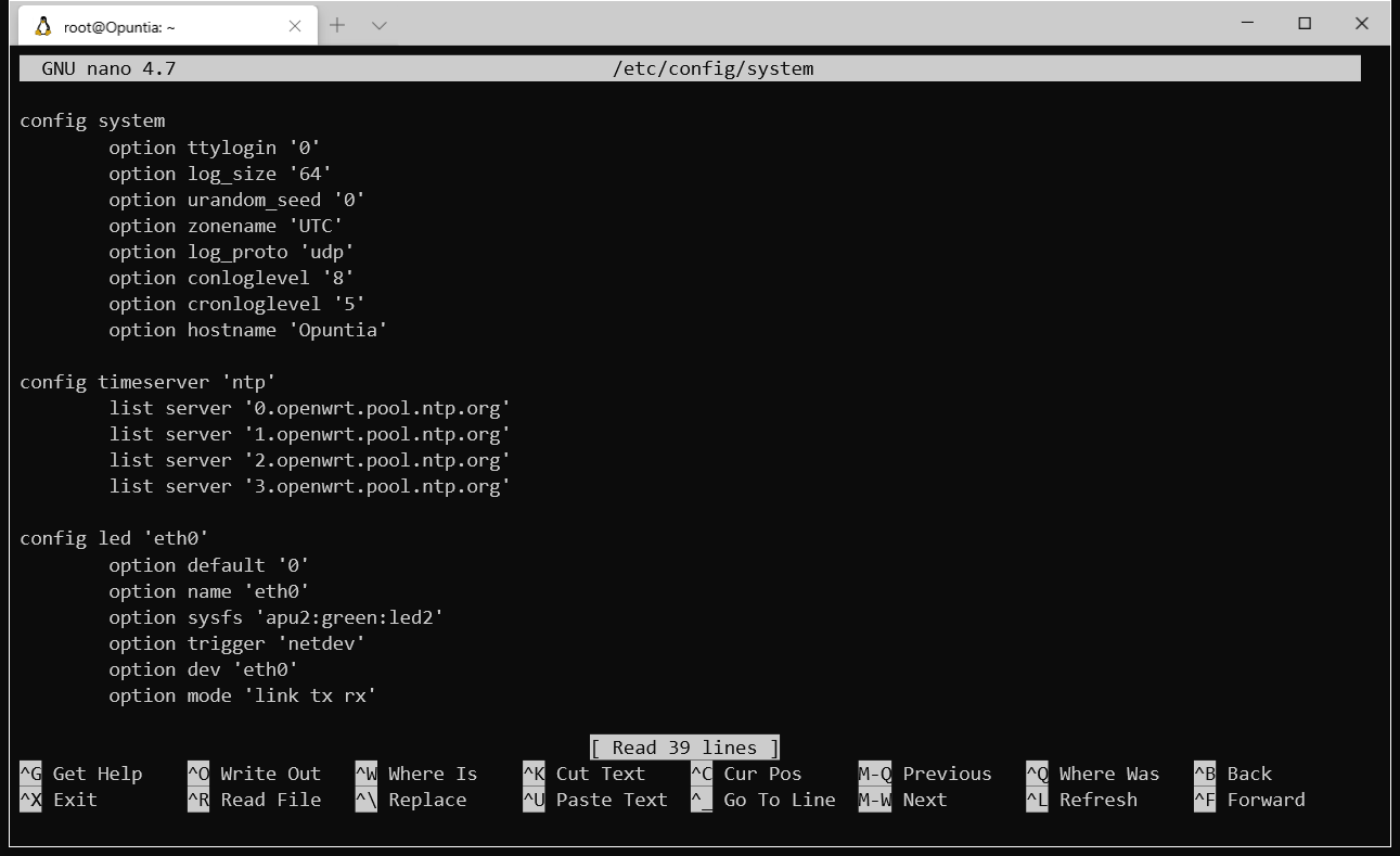 Screenshot showing the system configuration file being edited in nano