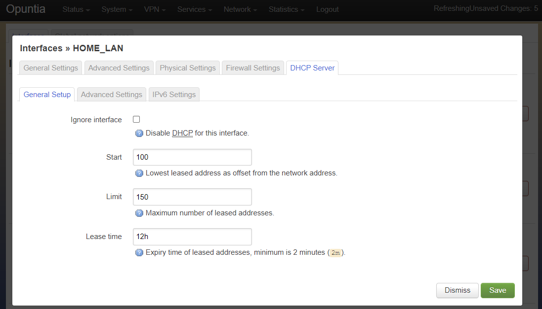Screenshot of the DHCP General Setup tab