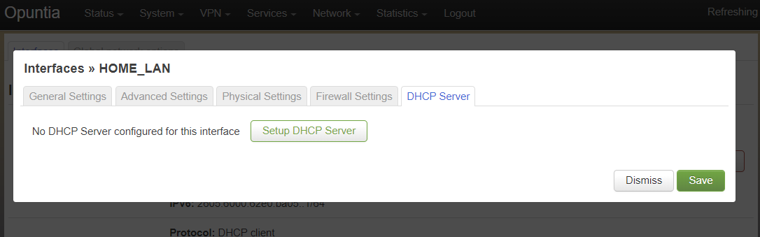 Screenshot of the DHCP tab before being configured