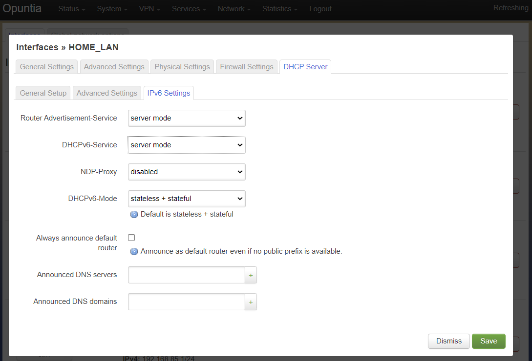 Screenshot of the DHCPv6 settings
