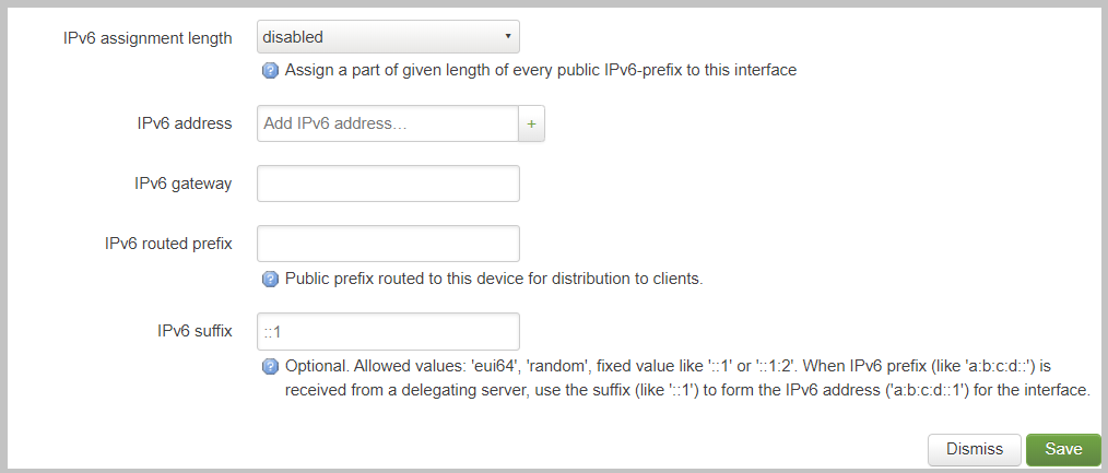 Screenshot of the Interface General settings with a disabled IPv6 Prefix length.