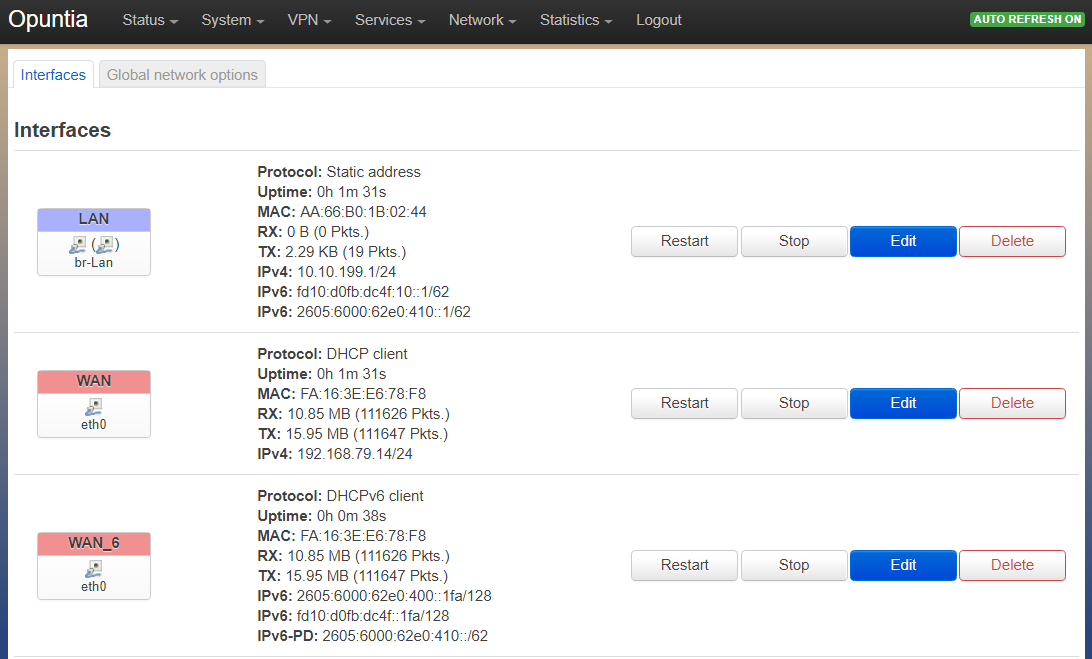 Screenshot of the Interfaces page in the Wan/Lan example