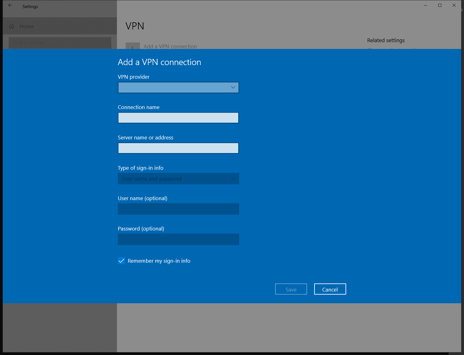Windows 10 Step 2 - Vpn provider, name and server address/host name.
