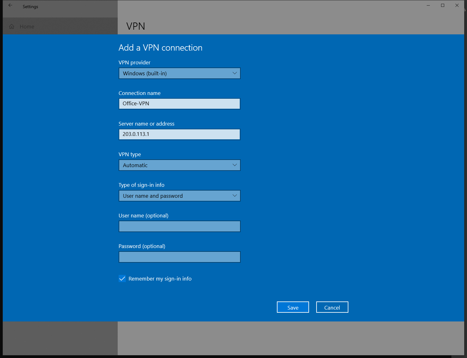 Windows 10 Step 3 - Vpn type, Psk, Username and Password.
